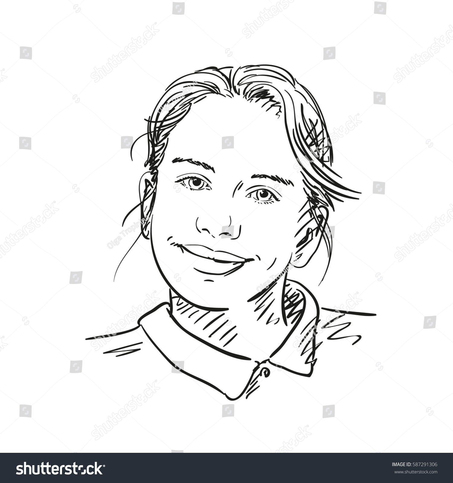 Sketch of girl's smiling face, Hand drawn vector illustration, Black lines on white #587291306