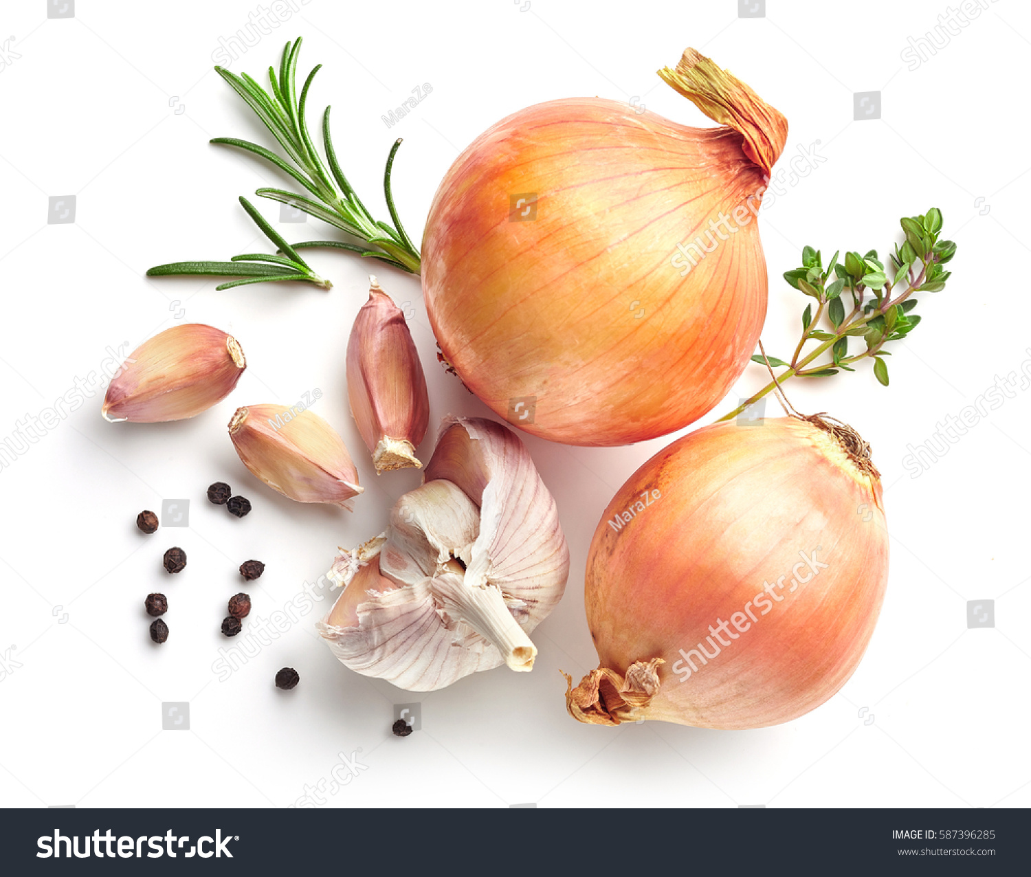 onions, garlic and spices isolated on white background, top view #587396285