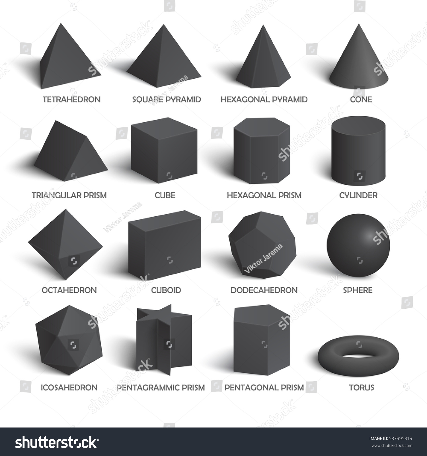 All basic 3d shapes template in dark. Realistic with shadow. Perfect for school, study, designers #587995319