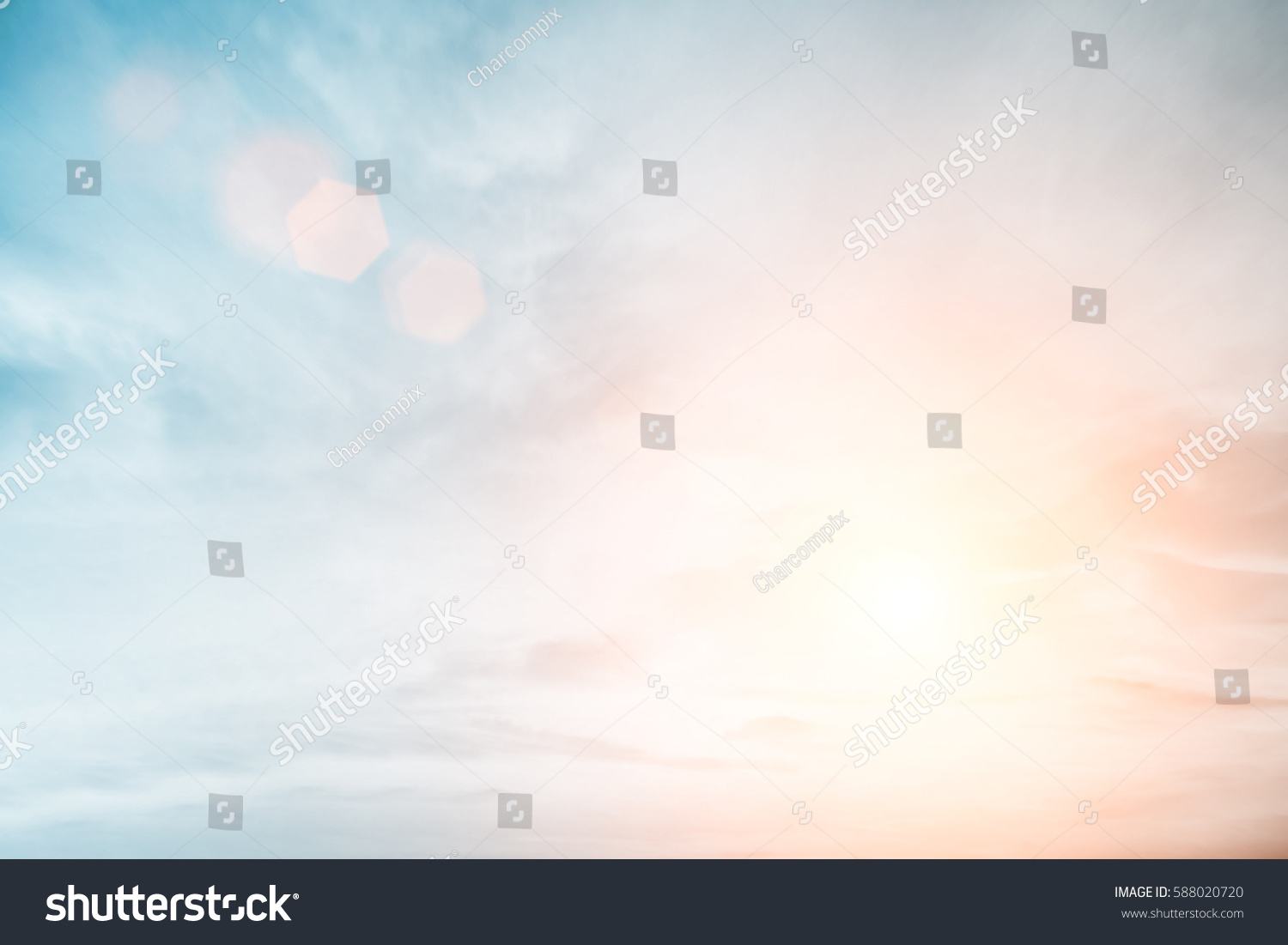 Sunshine clouds sky during morning background. Blue,white pastel heaven,soft focus lens flare sunlight. Abstract blurred cyan gradient of peaceful nature. Open view out windows beautiful summer spring #588020720