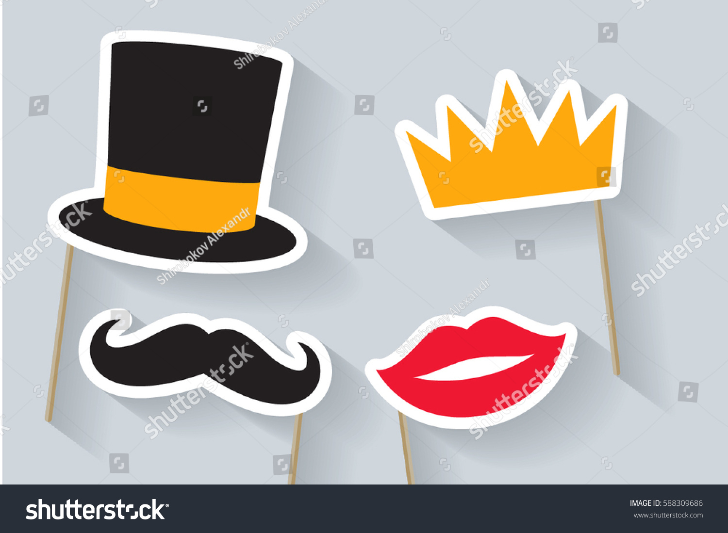 Party set. Concept with cardboard carnival mask. Includes crown, hat, lips and mustache. Masks for a photo shoot. #588309686