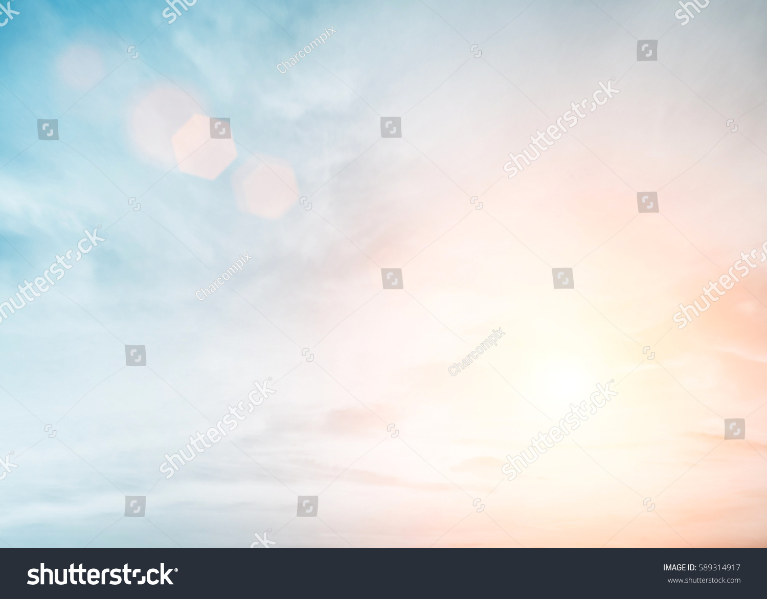 Sunshine clouds sky during morning background. Blue,white pastel heaven,soft focus lens flare sunlight. Abstract blurred cyan gradient of peaceful nature. Open view out windows beautiful summer spring #589314917