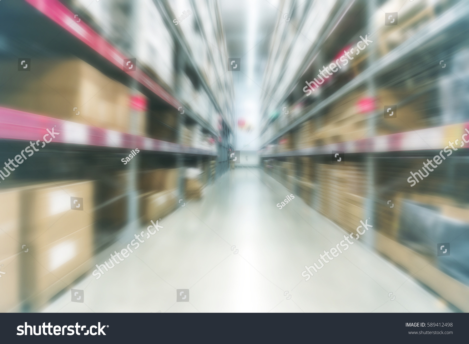 Blur background large indoor warehouse with high racks and products store on it for supply chain procurement operation logistic process e-commerce distribution omi channel b2b, b2c value chain concept #589412498