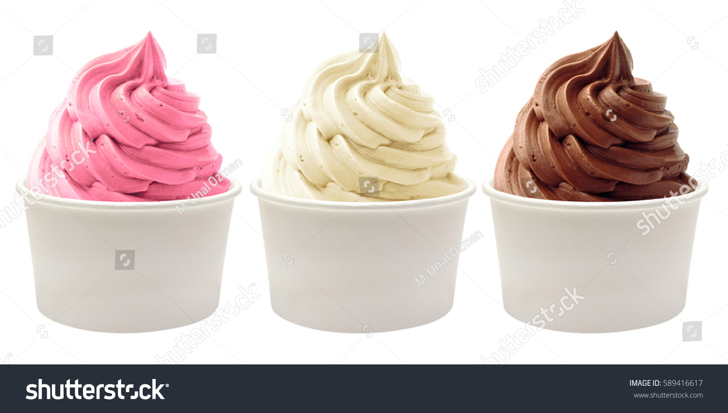 Mockup Strawberry frozen yogurt or soft ice cream, vanilla and chocolate frozen yogurt or soft ice cream in blank paper cup packaging template mockup collection with isolated background #589416617