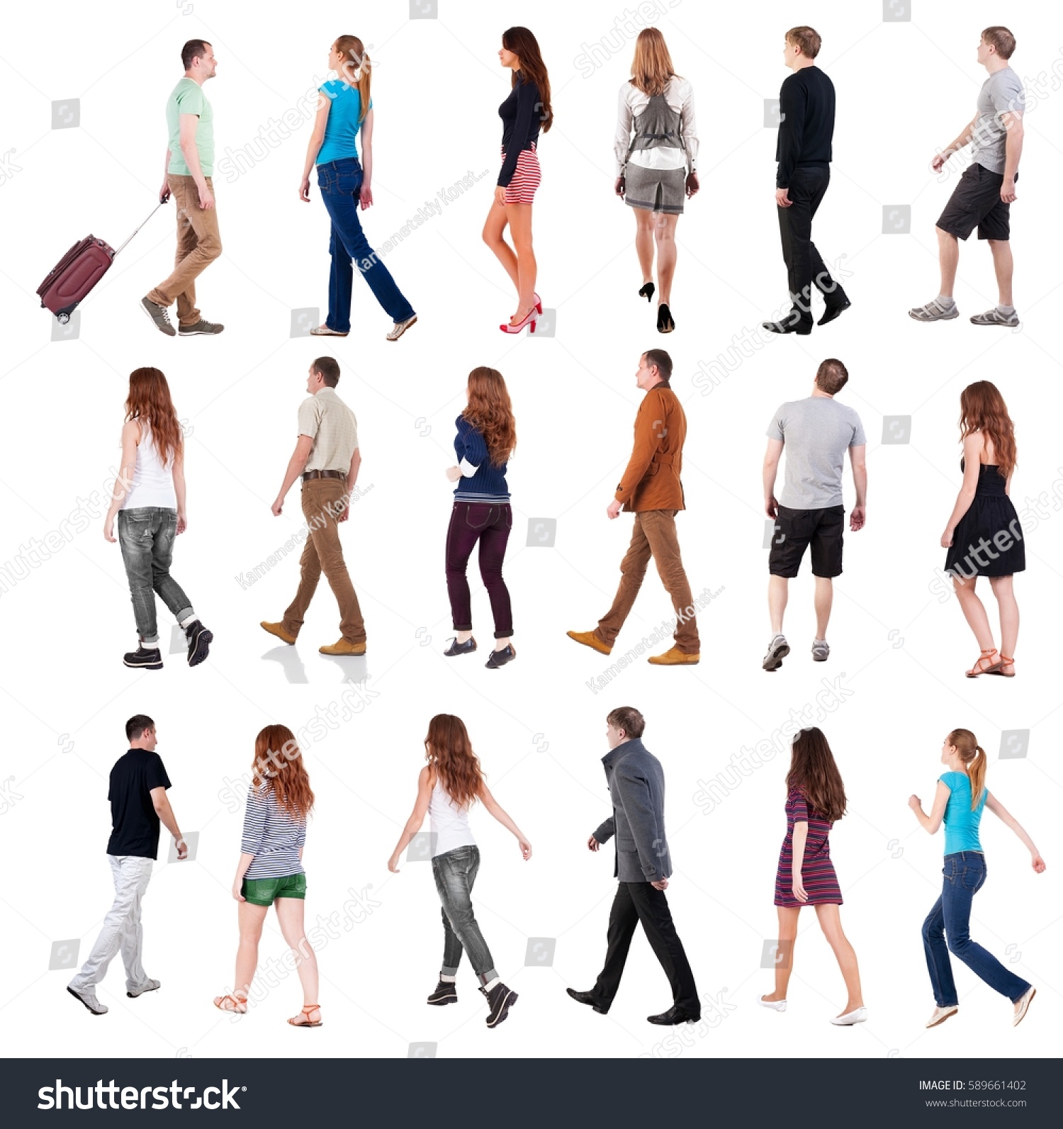 collection " back view of walking people ". going people in motion set.  backside view of person.  Rear view people collection. Isolated over white background. #589661402