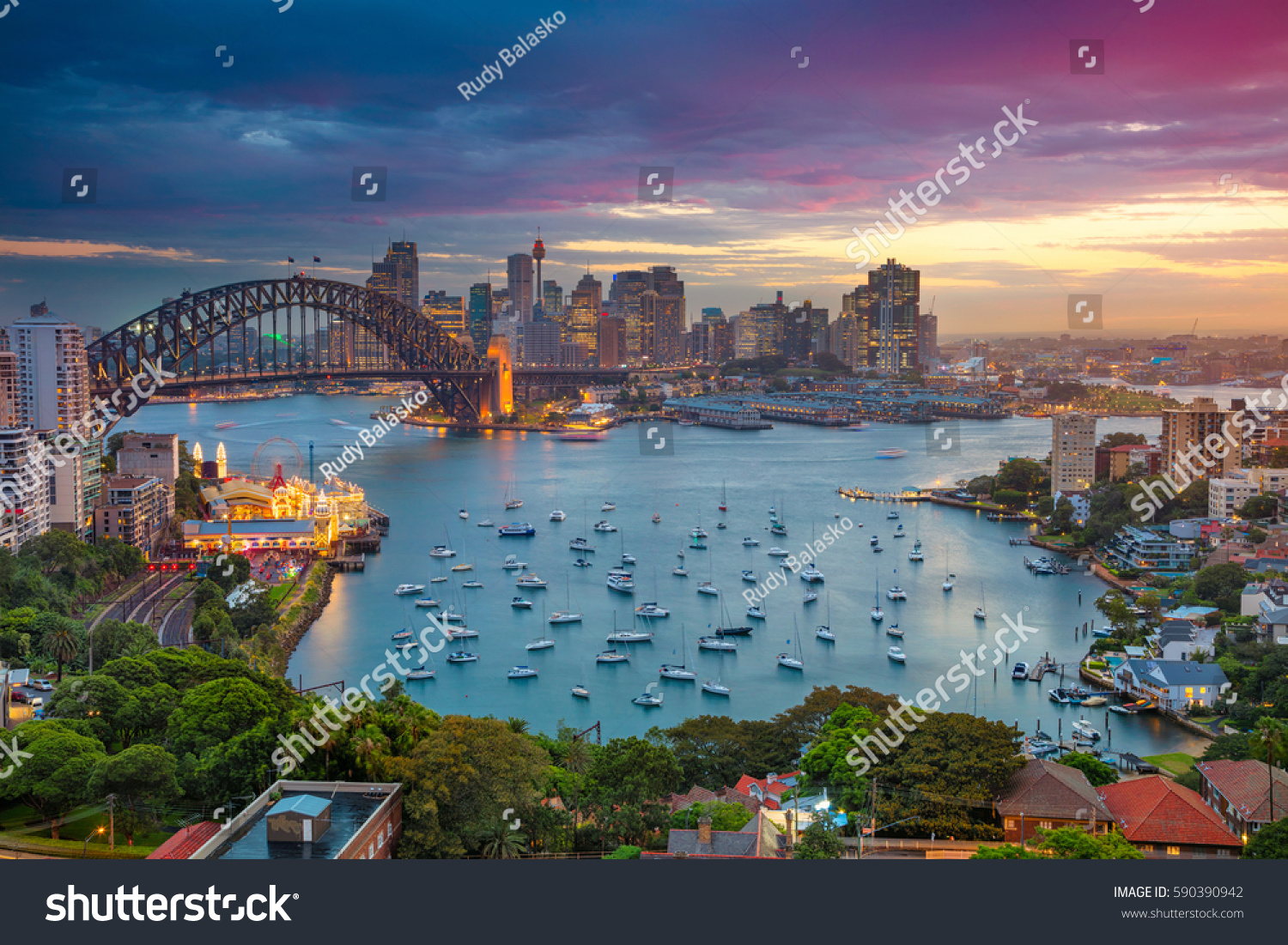 Sydney. Cityscape image of Sydney, Australia with Harbour Bridge and Sydney skyline during sunset. #590390942