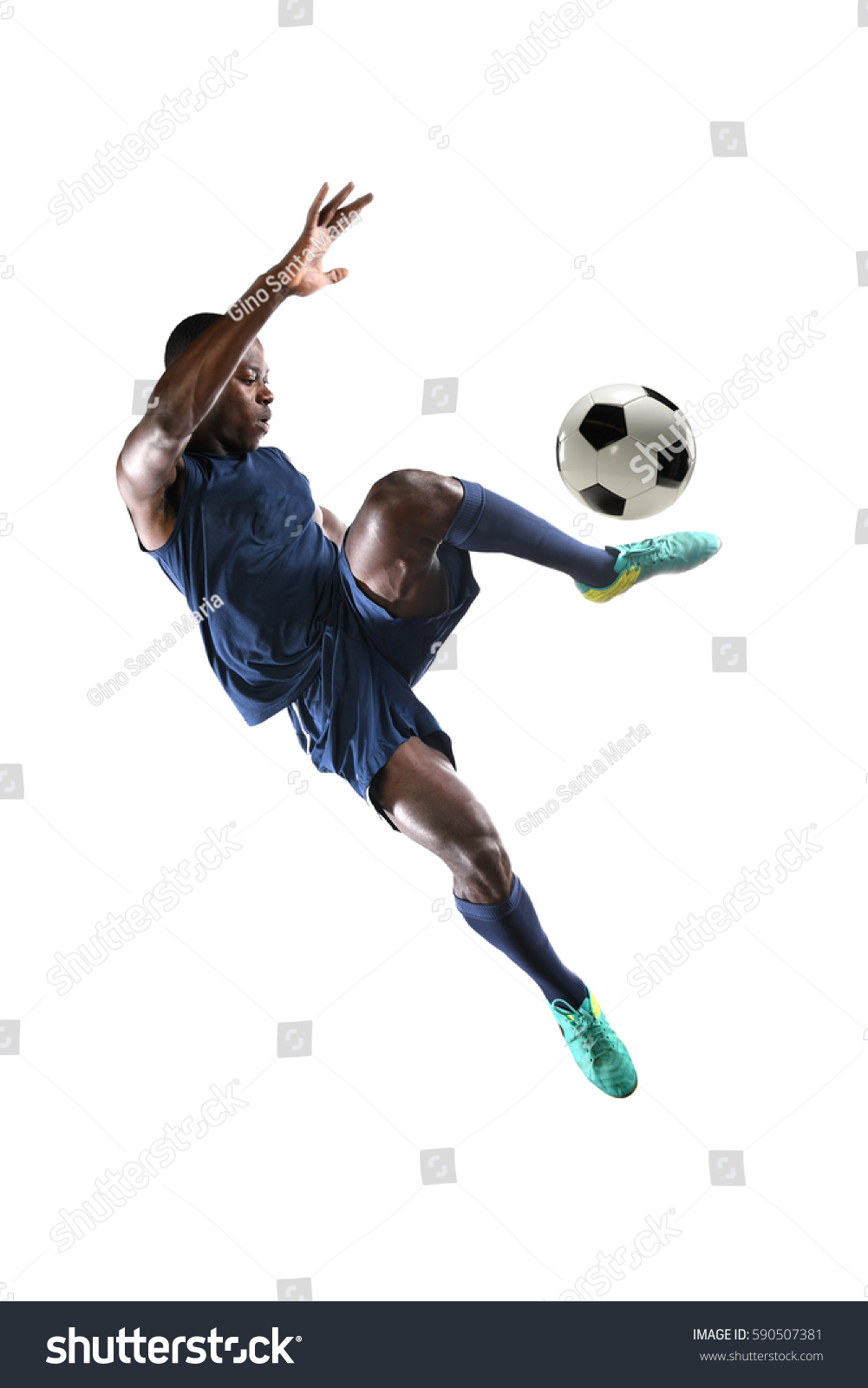African American soccer player playing isolated over white background #590507381