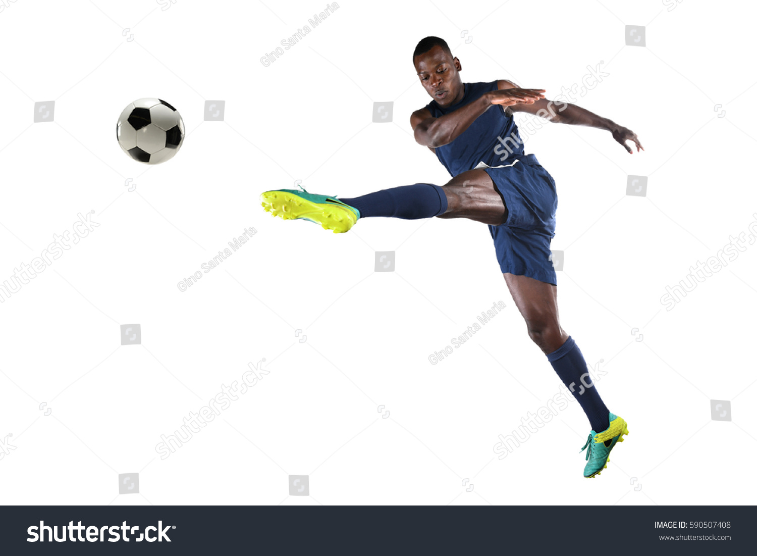 African American soccer player kicking ball isolated over white background #590507408