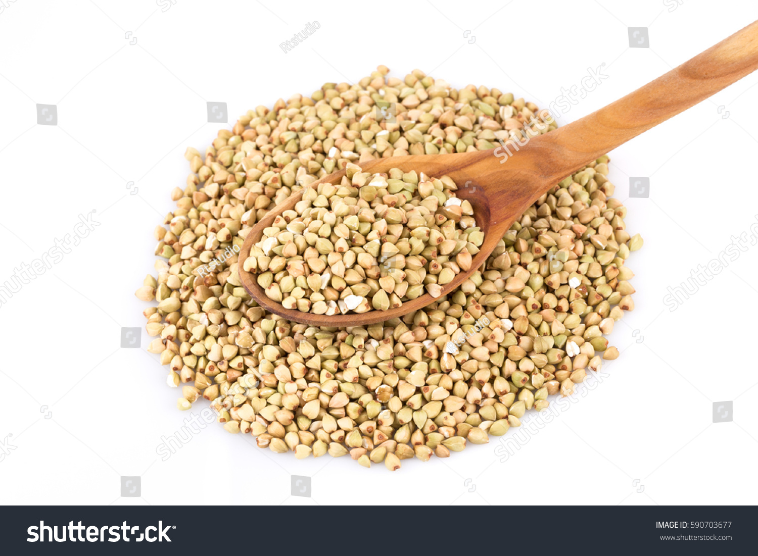 Pile of organic bio buckwheat raw in spoon on a white background #590703677