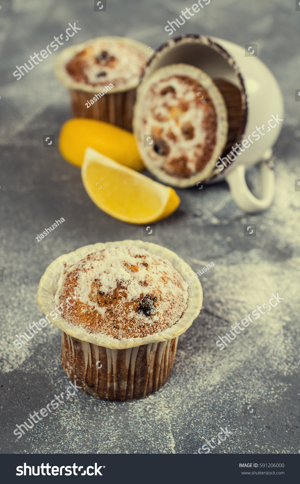 Muffins with raisins and powdered sugar. Selective focus. #591206000