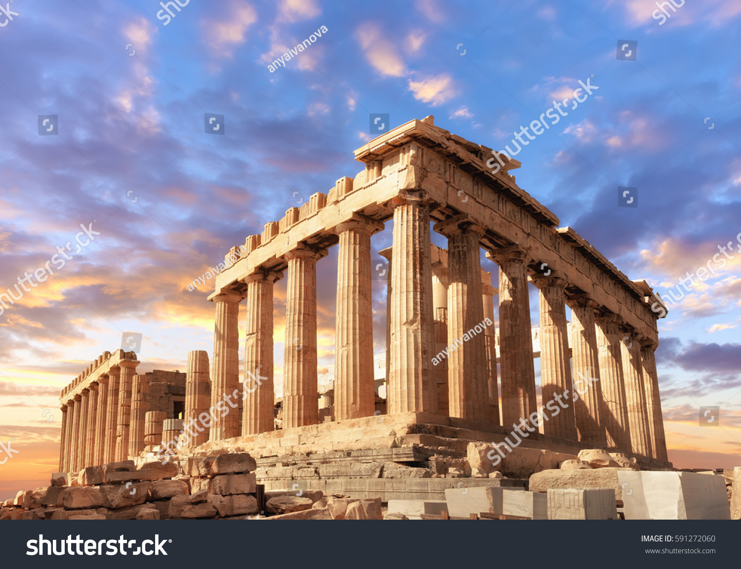 Parthenon temple on a sinset. Acropolis in Athens, Greece, This picture is toned. #591272060