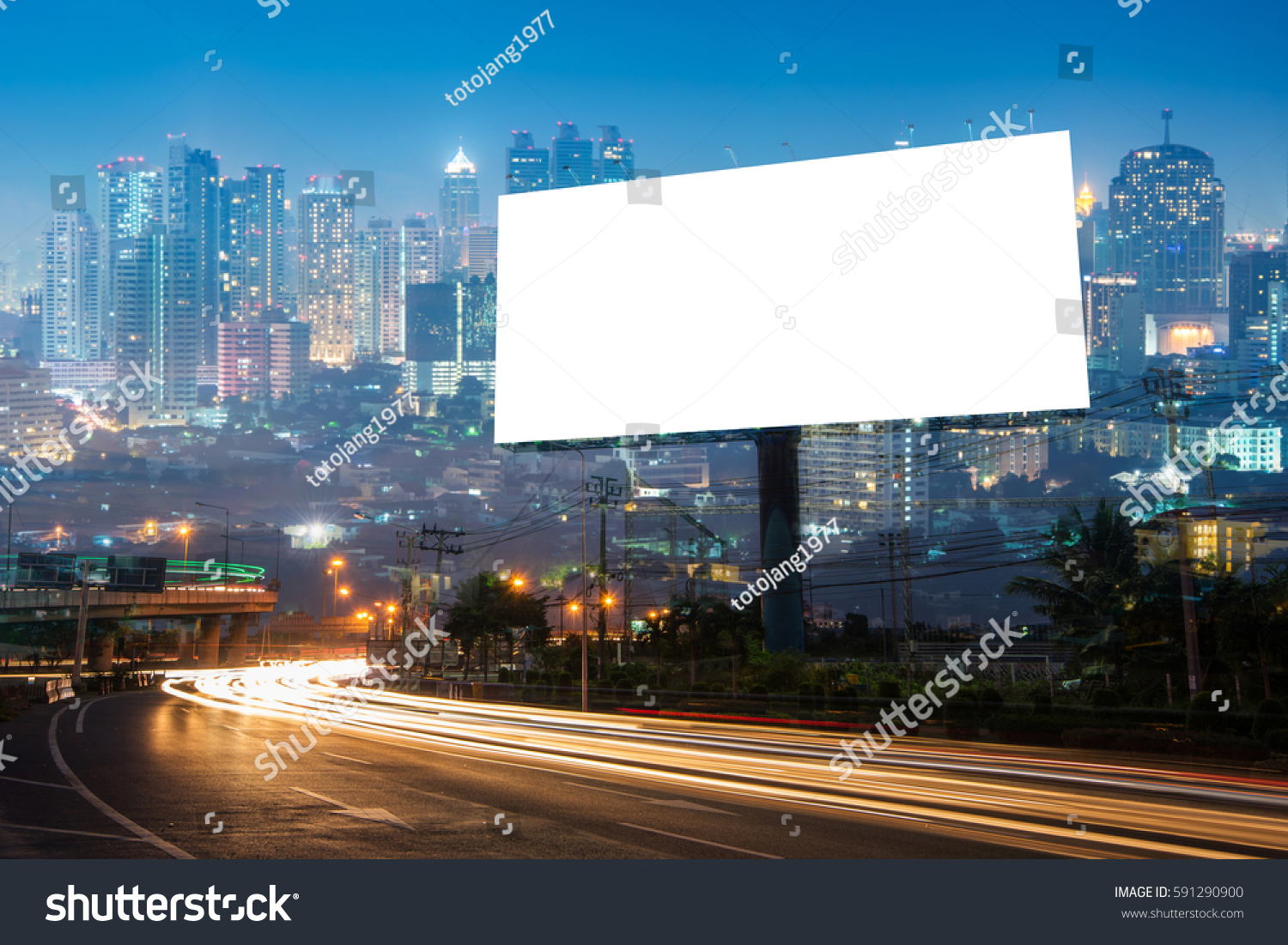 Double exposure of blank billboard for business advertisement with city background at twilight  #591290900