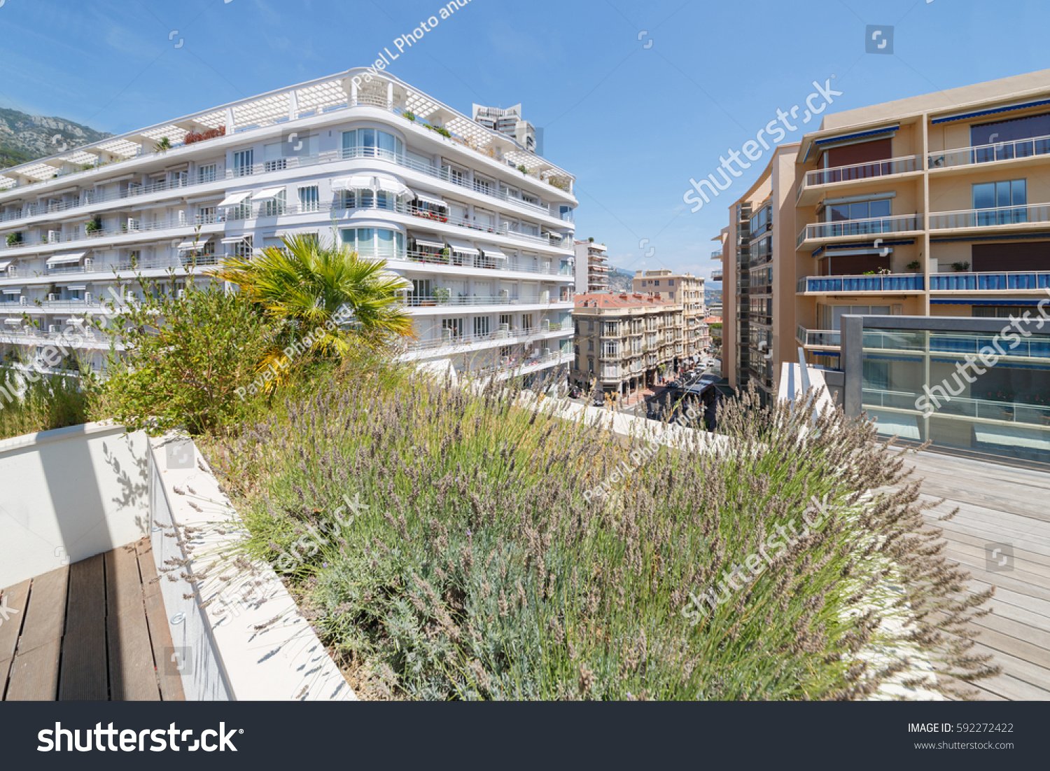 view of apartment building of one of densely populated districts of Monaco from roof #592272422