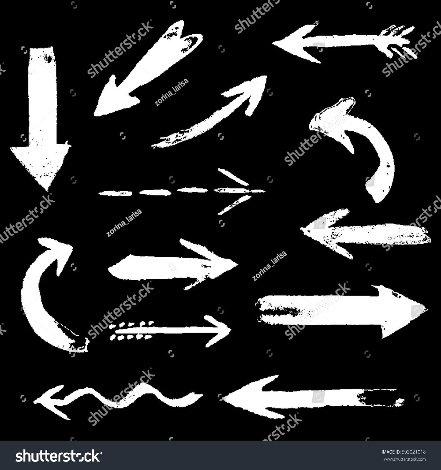 Set of hand drawing comic white color chalk arrows. Hand painting design elements. Vector collection on black background #593021018
