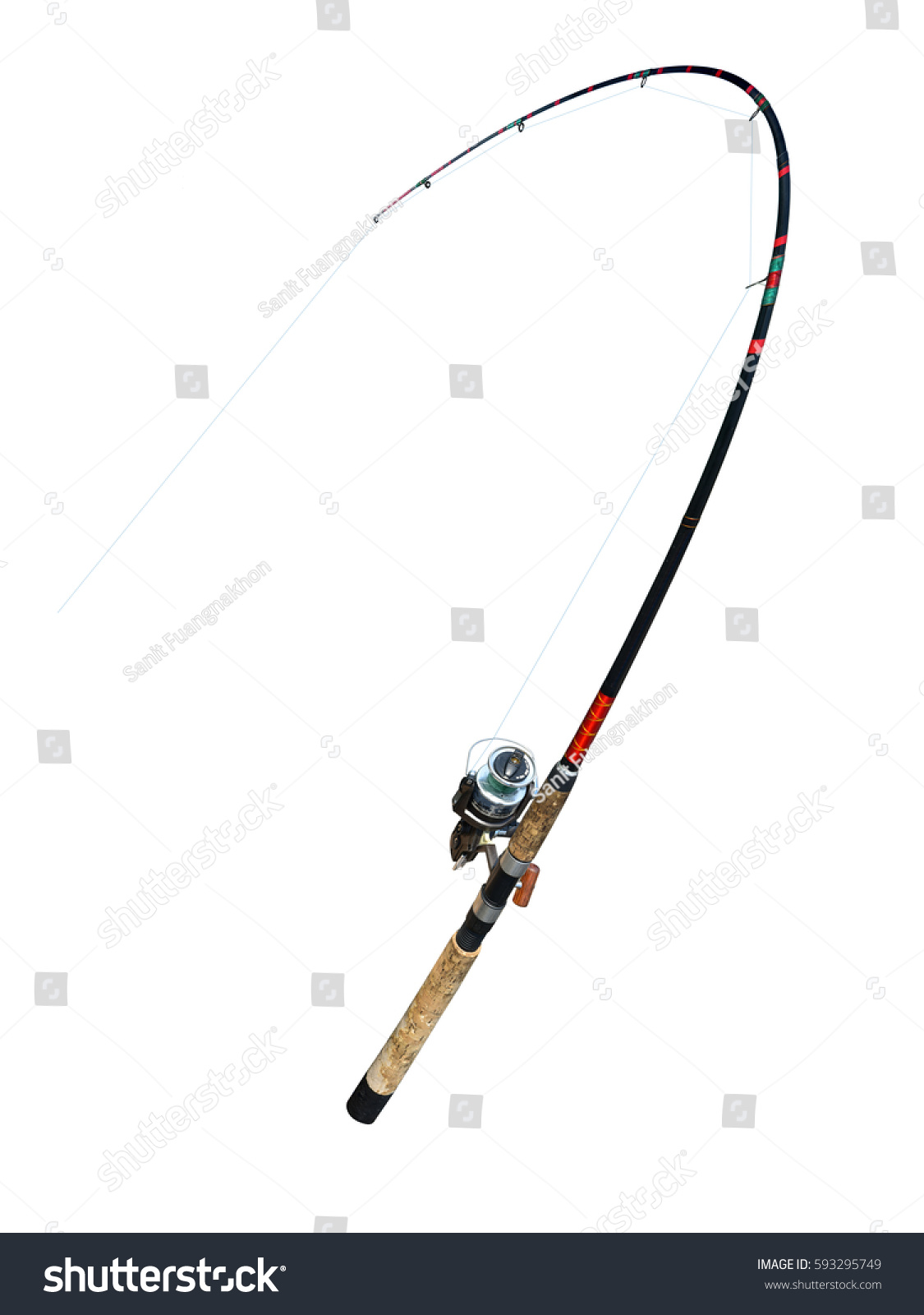 Rod and reel Ayer's rod tension rod buckling in the important moments.
Photo isolated on white background with clipping path. #593295749