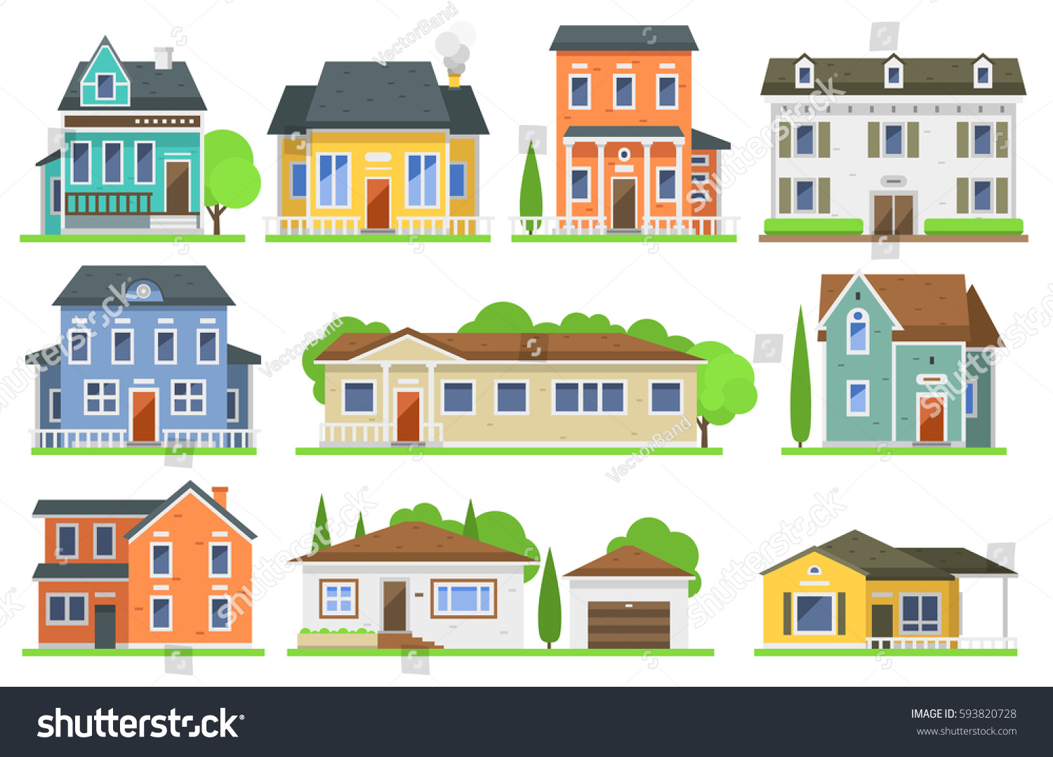Houses exterior vector illustration front view with roof. Modern. Townhouse building apartment. Home facade with doors and windows. #593820728