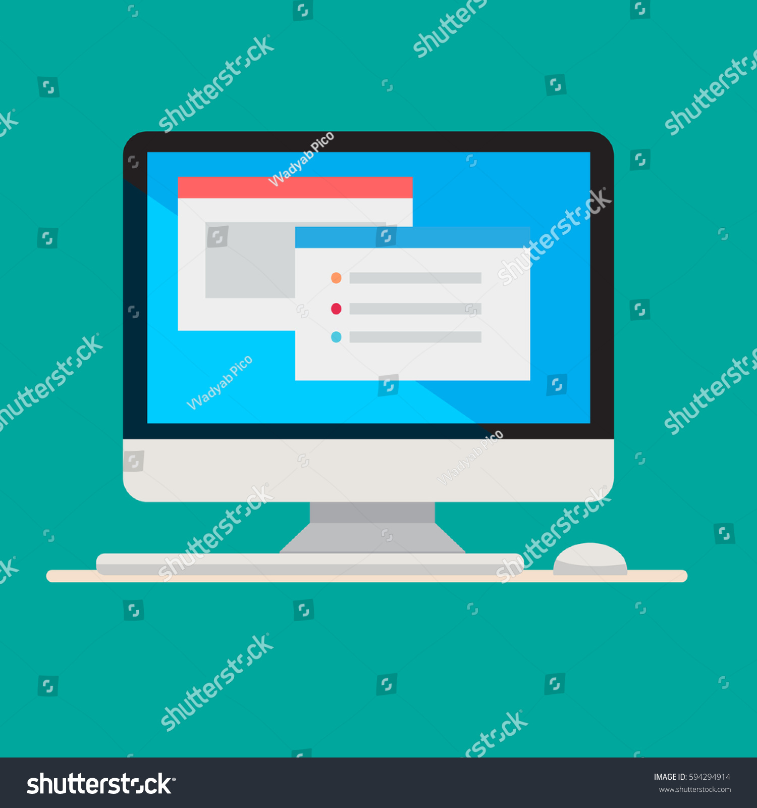 Flat computer design with keyboard and mouse on blue screen vector illustration. #594294914