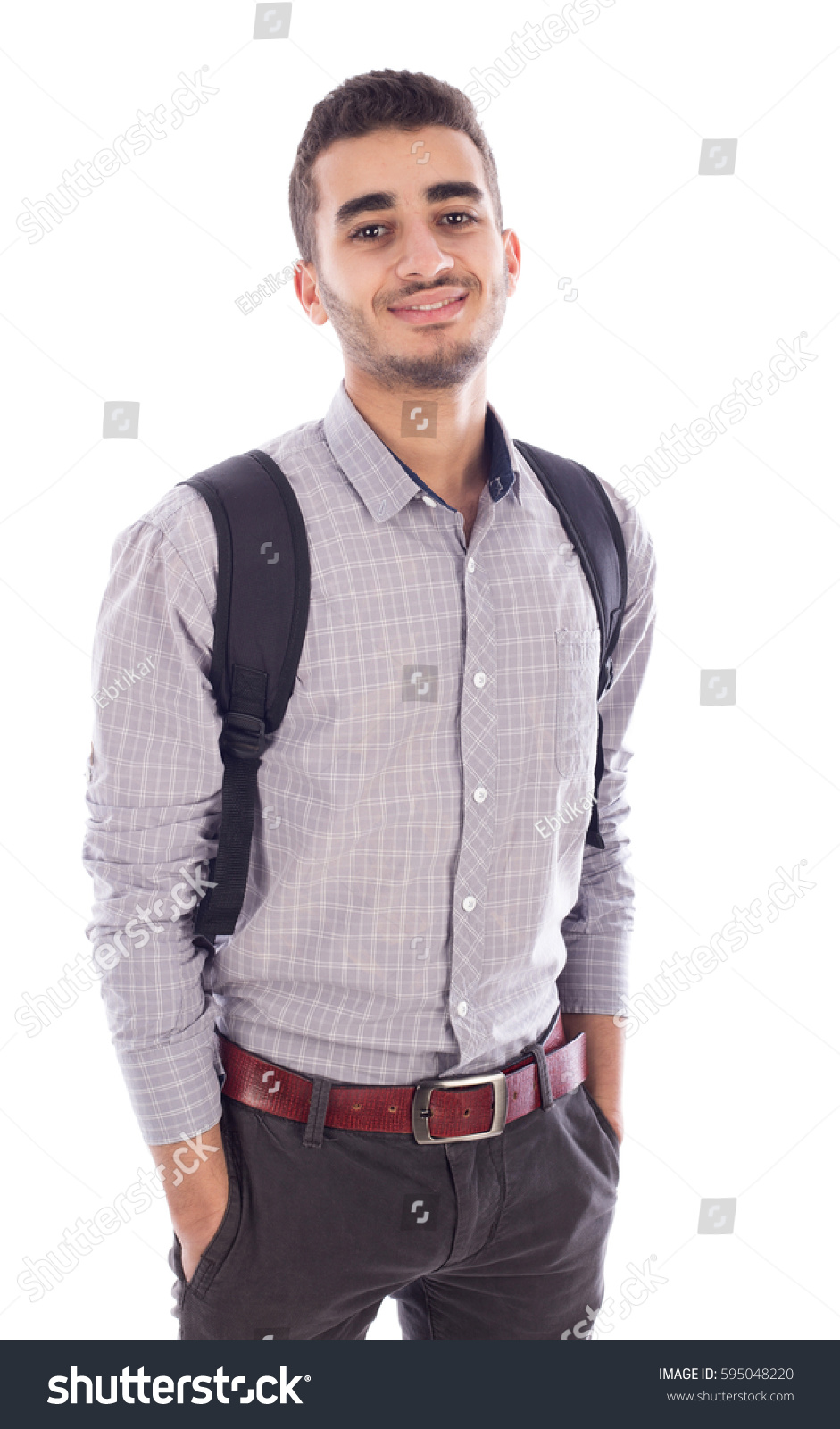 Young man wearing bag, isolated on white #595048220