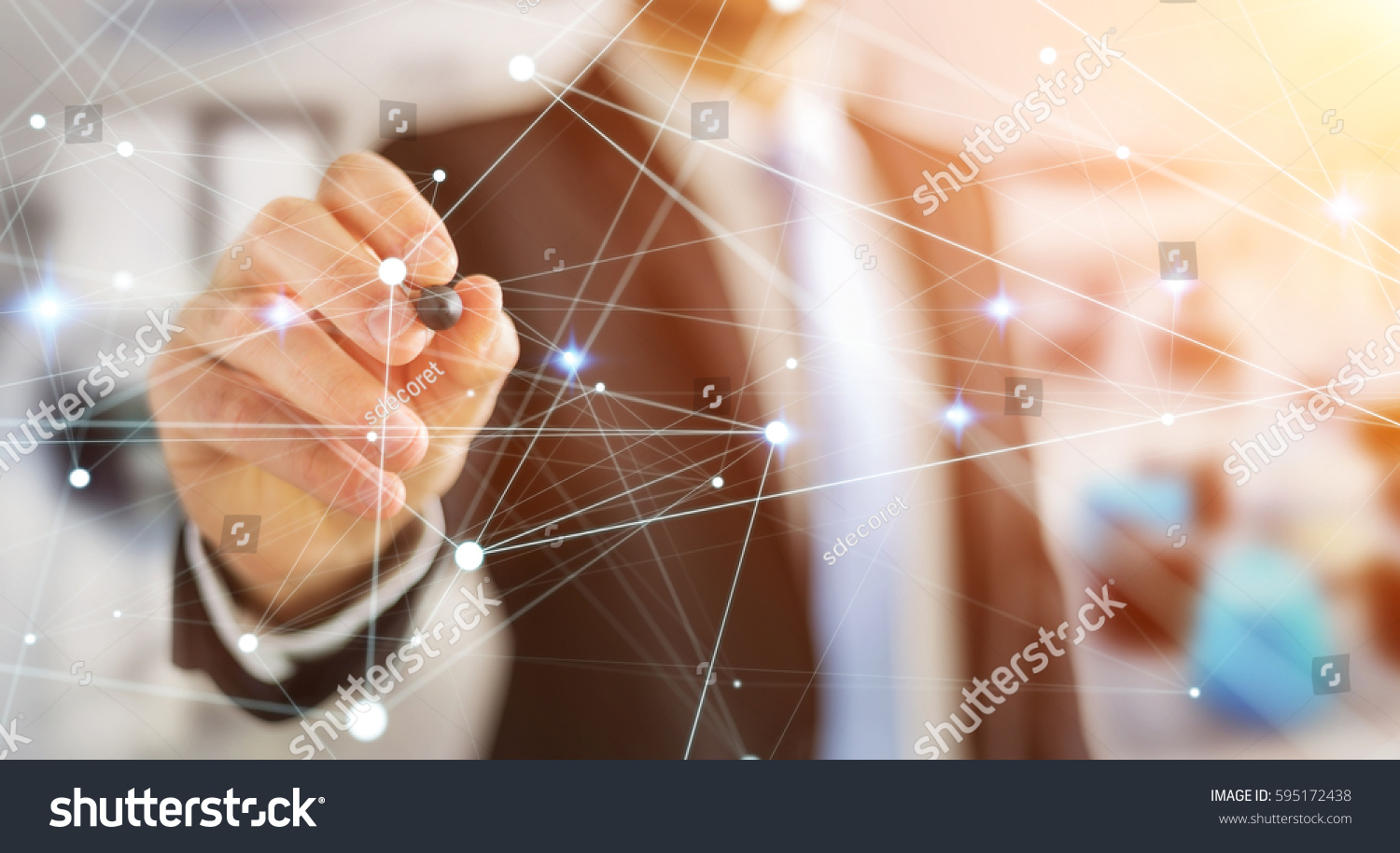 Dot flying network drawn by businessman on blurred background 3D rendering #595172438