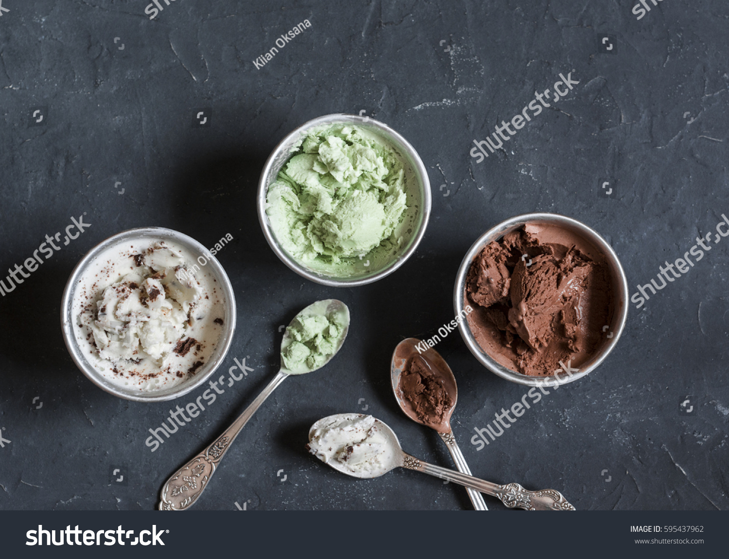 Range of coconut milk ice cream with chocolate, matcha powder, chocolate chips and vanilla. On a dark background, top view. Gluten free vegetarian dessert  #595437962