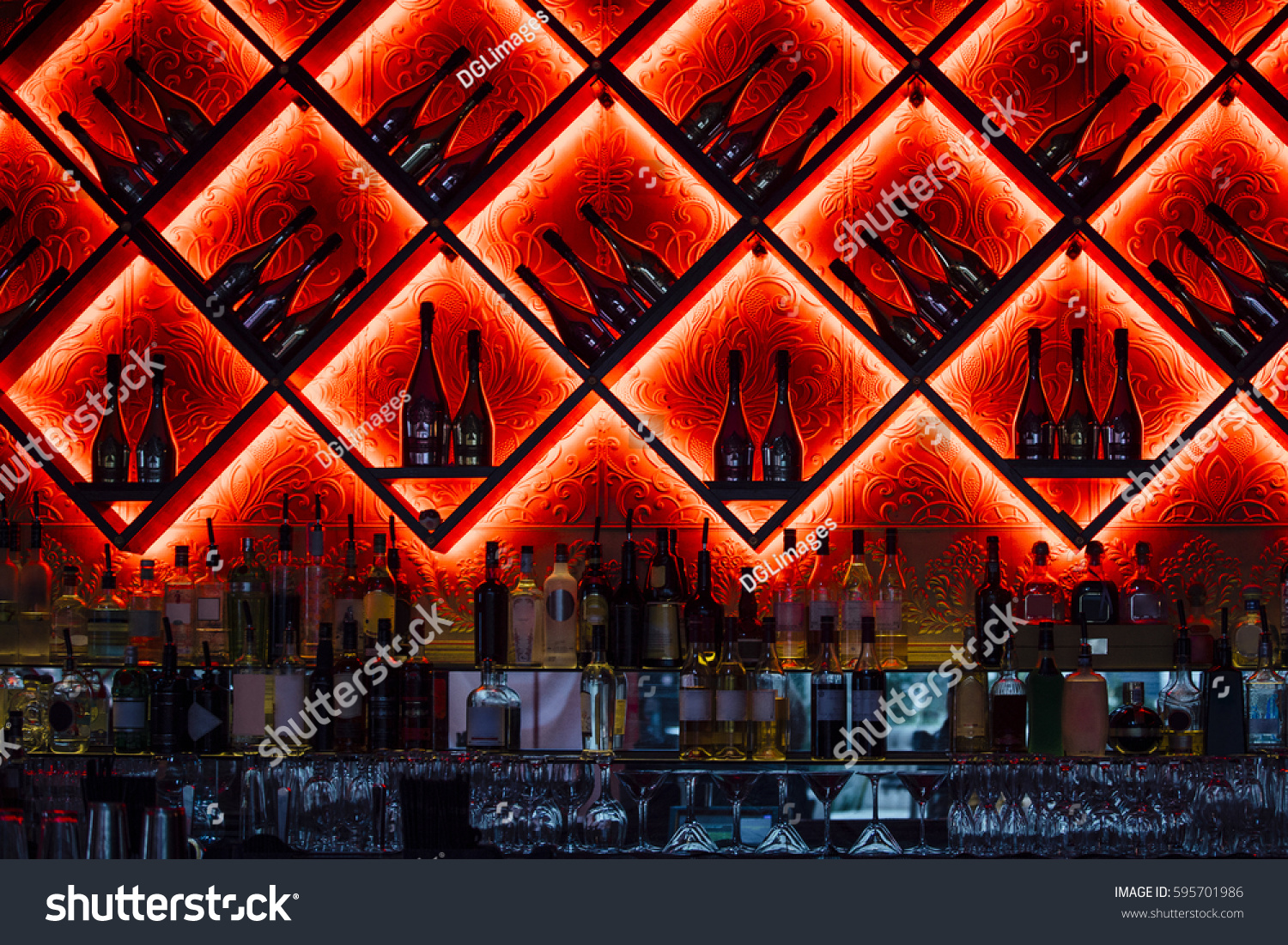 Interior shot of an alcoholic drinks bar in a nightclub. #595701986