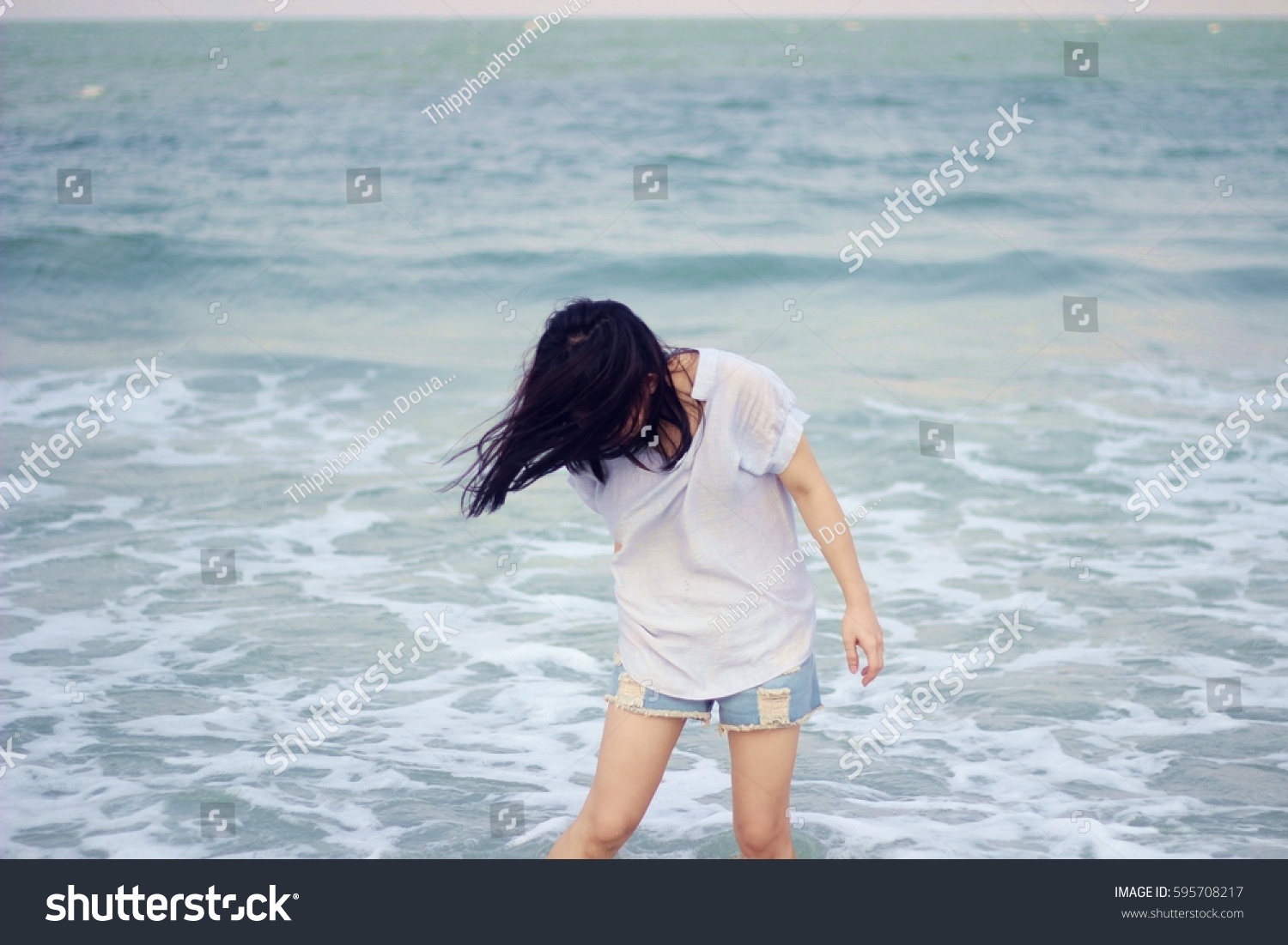 Lonely Asean Woman Walking Alone Along Stock Photo 595708217