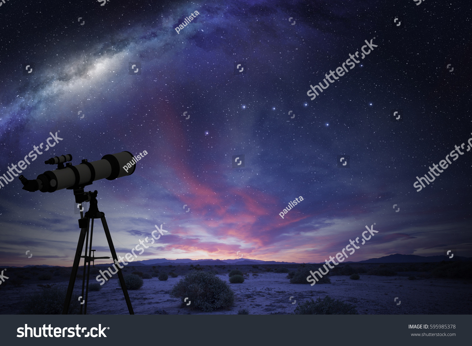 telescope in the desert watching the Great Bear constellation and the milky way #595985378