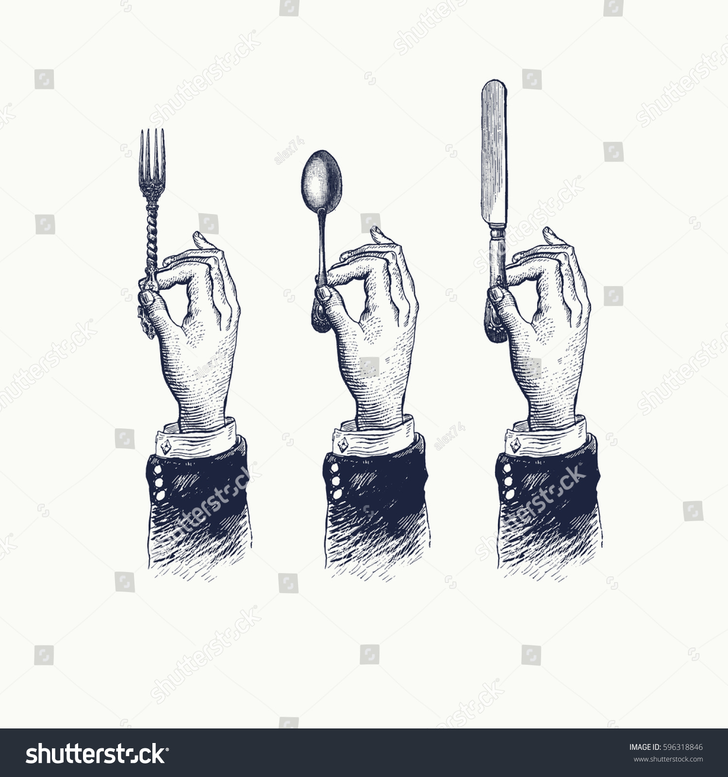 Hands with cutleries. Spoon, fork and knife. Vintage stylized drawing. Vector illustration in a retro woodcut style #596318846