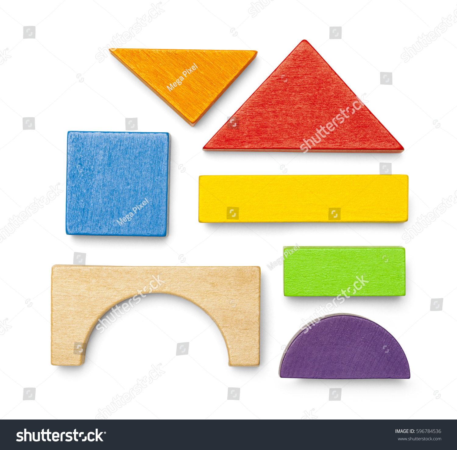 Various Wood Toy Block Pieces and Shapes Isolated on White Background. #596784536