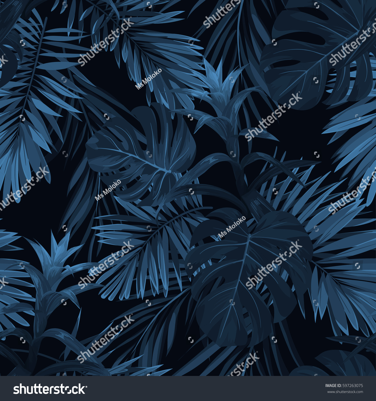 Exotic tropical vrctor background with hawaiian plants and flowers. Seamless indigo tropical pattern with monstera and sabal palm leaves, guzmania flowers. #597263075