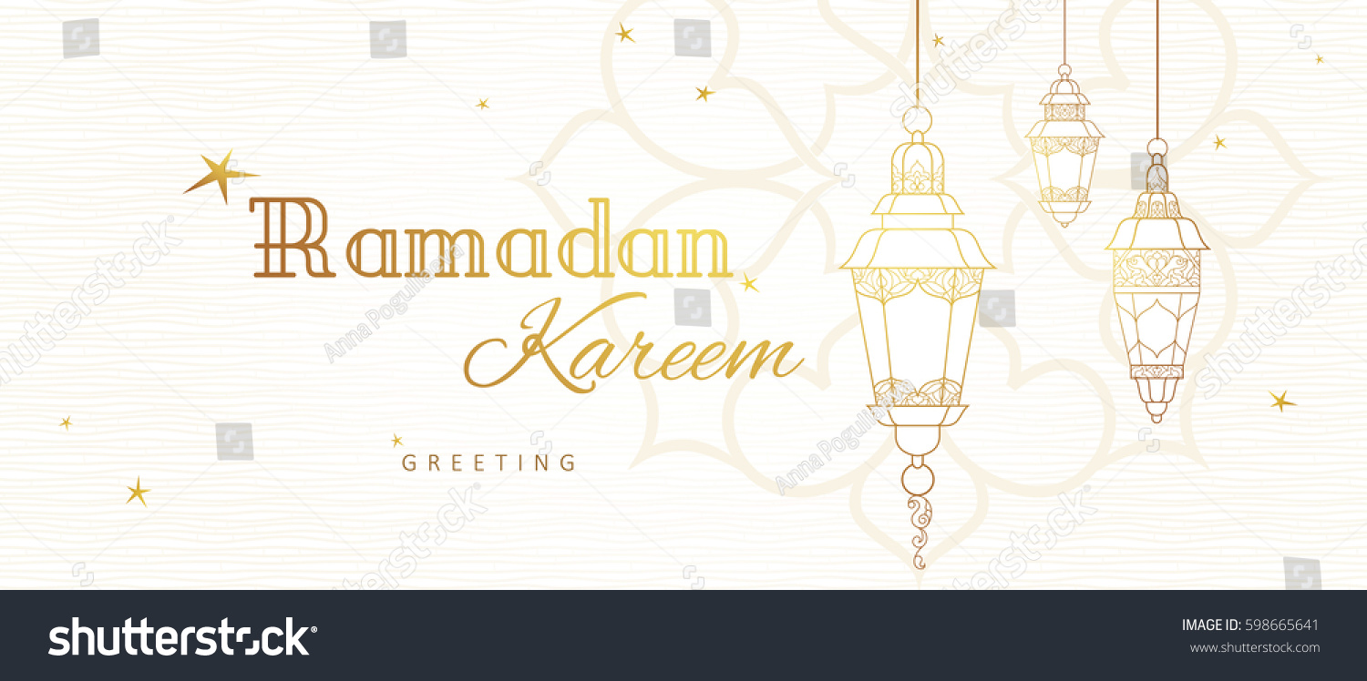 Ornate vector horizontal banner, vintage lanterns for Ramadan wishing. Arabic shining lamps. Outline decor in Eastern style. Islamic background. Ramadan Kareem card, advertising, discount, poster. #598665641