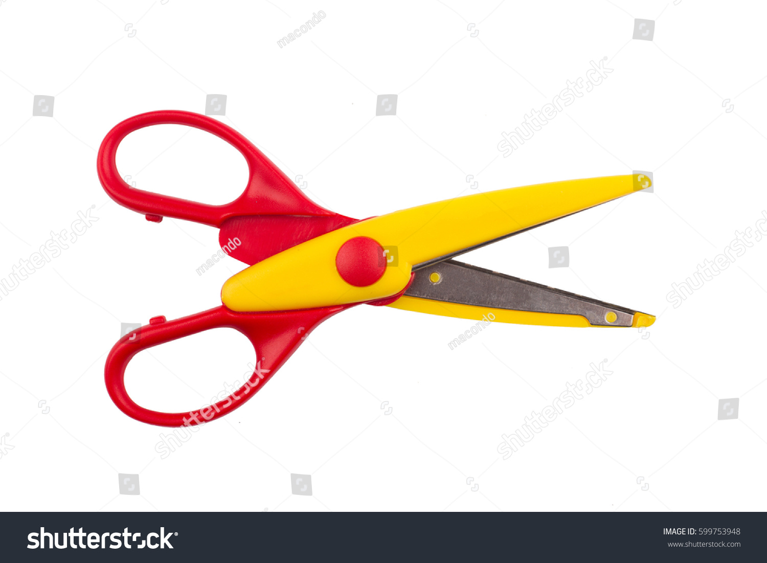 top view of a pair of red colored plastic open scissors isolated on white background #599753948