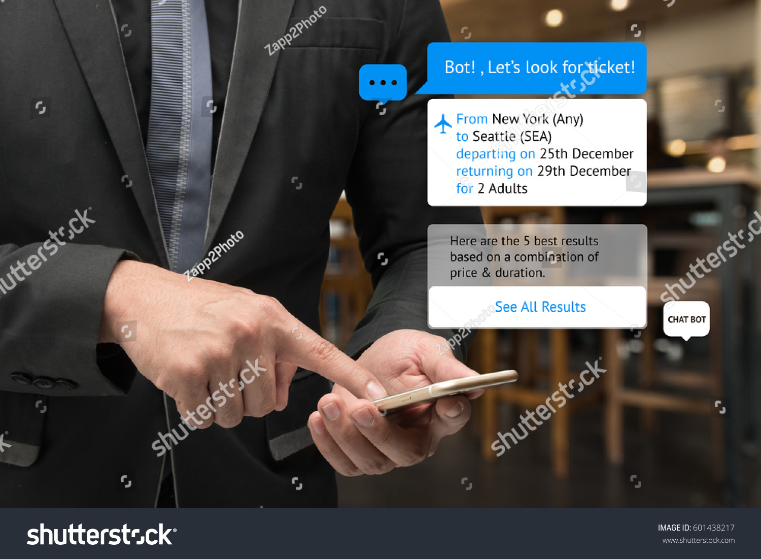 Chat bot and future marketing concept . Business man hand holding smartphone look for ticket and popup out smart phone screen with automatic chatbot message screen , coffee shop background #601438217