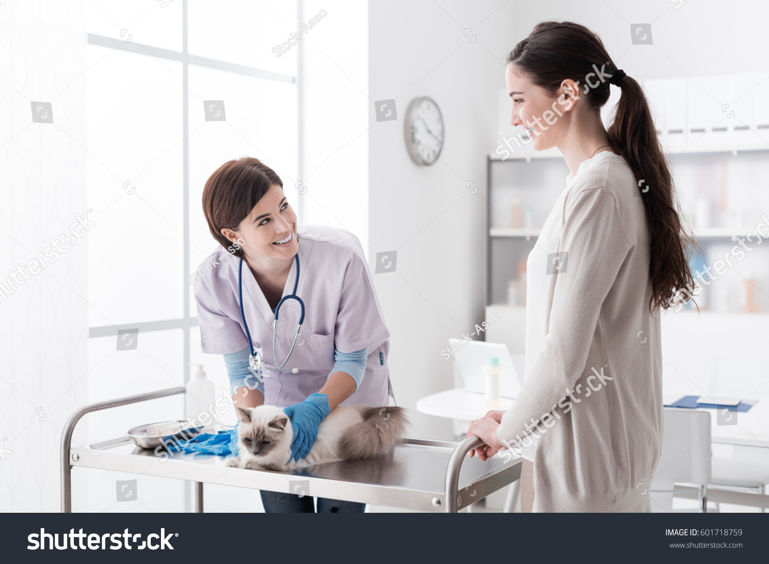 Professional veterinarian working at the veterinary clinic, she is examining a cat on the medical examination table, the pet owner is assisting and smiling #601718759