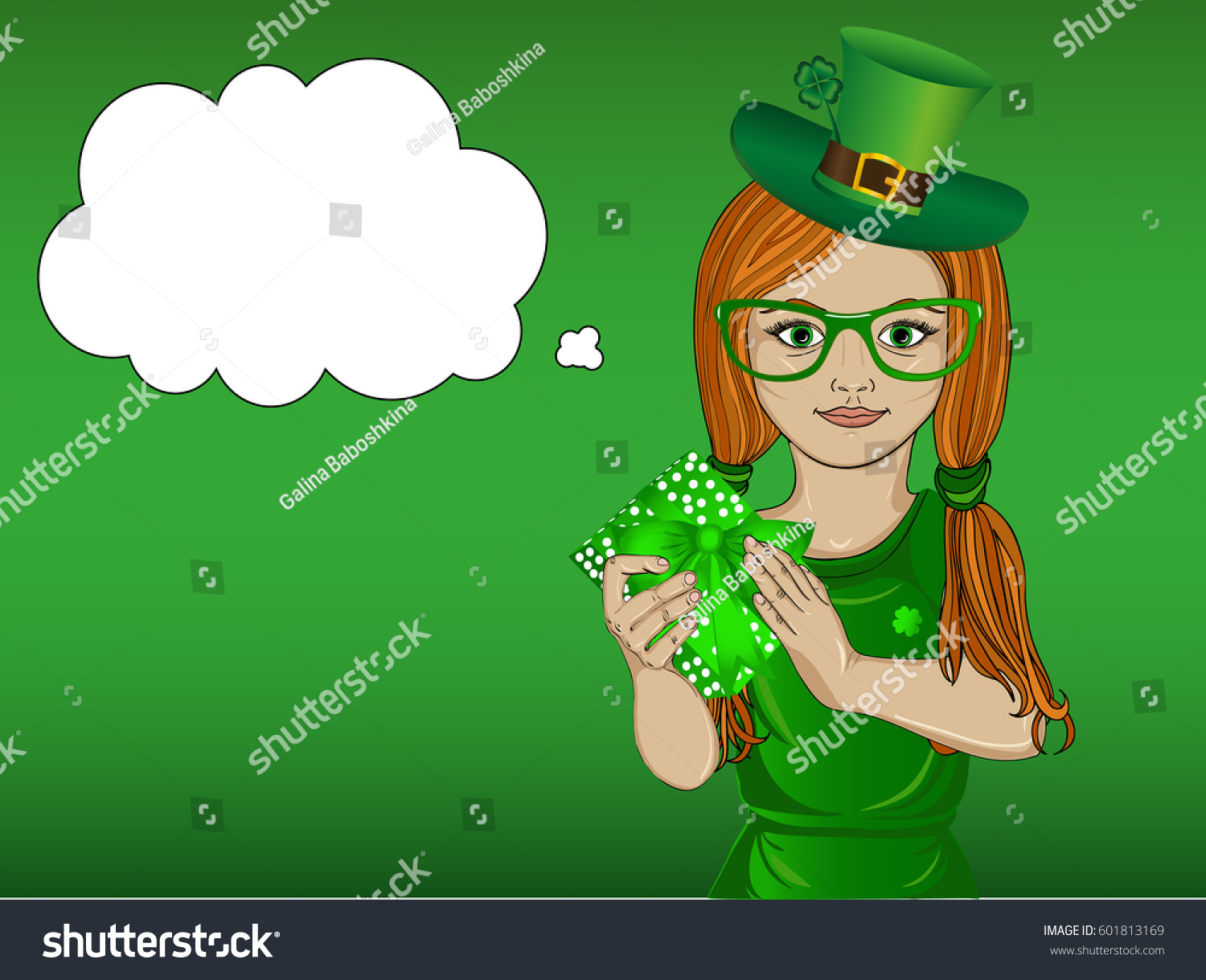 Little girl in national costume for St. Patrick's Day. In her hands holds a green box with a bow. A gift for a holiday. Thought Bubbles. Vector illustration. Empty space for text #601813169