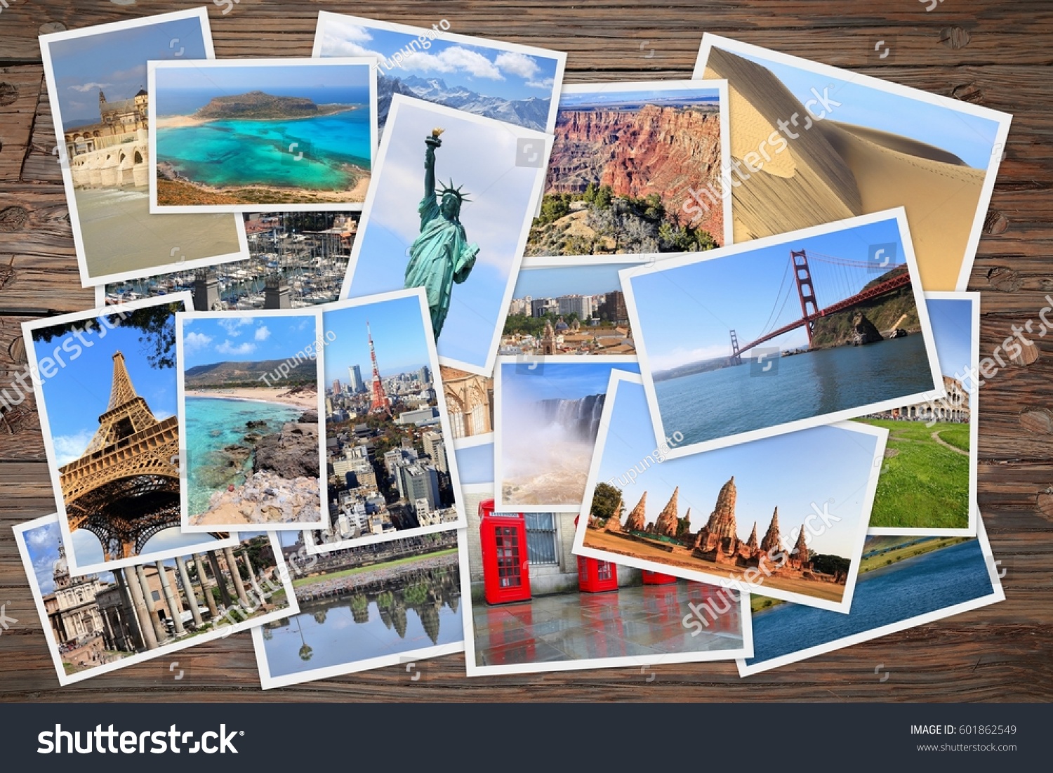 World landmarks collage - photo stack of United States, France, England, Spain, Brazil, New Zealand, Japan, Thailand and Cambodia. #601862549
