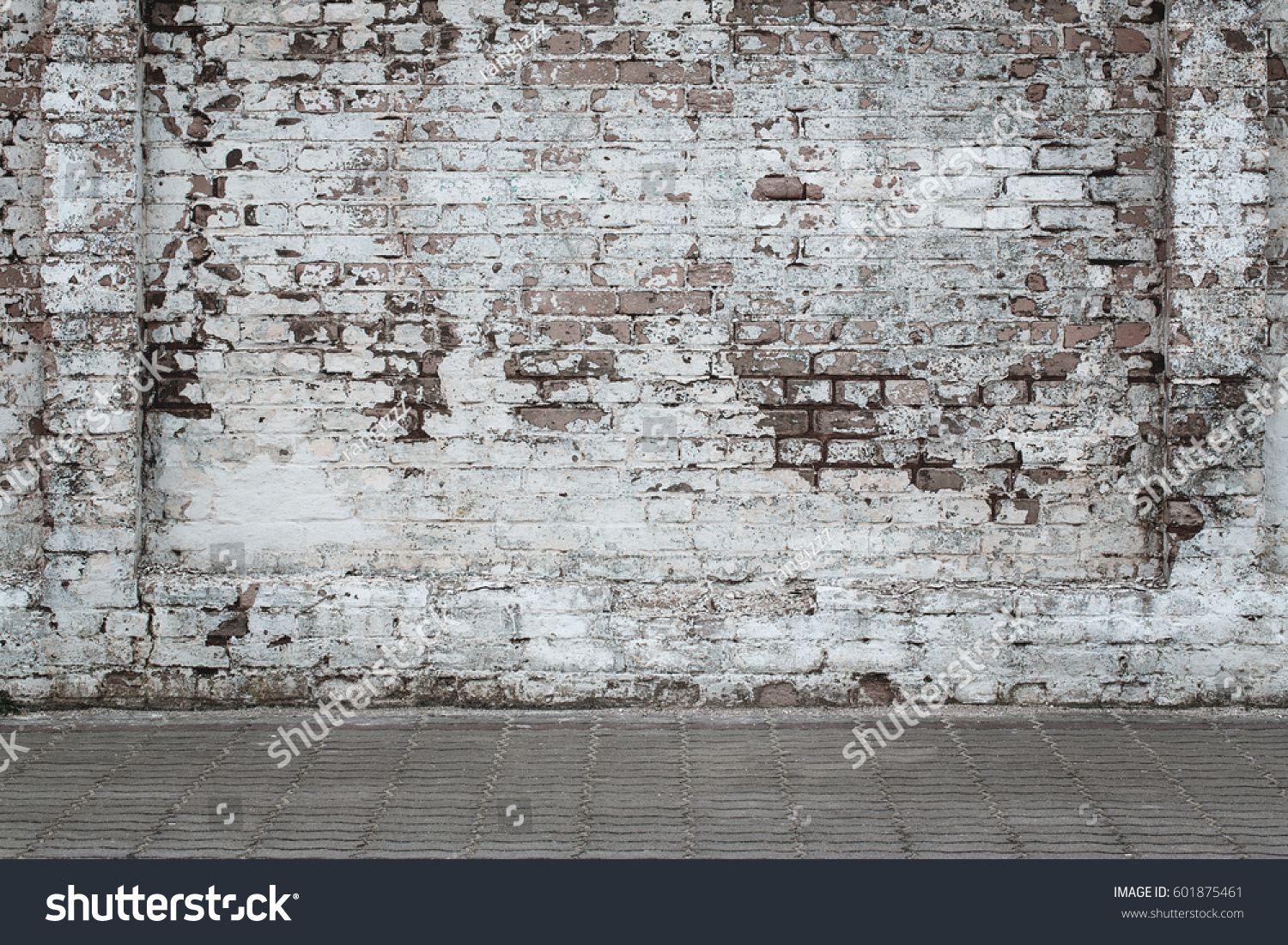 Urban background, white ruined industrial brick wall with copy space #601875461