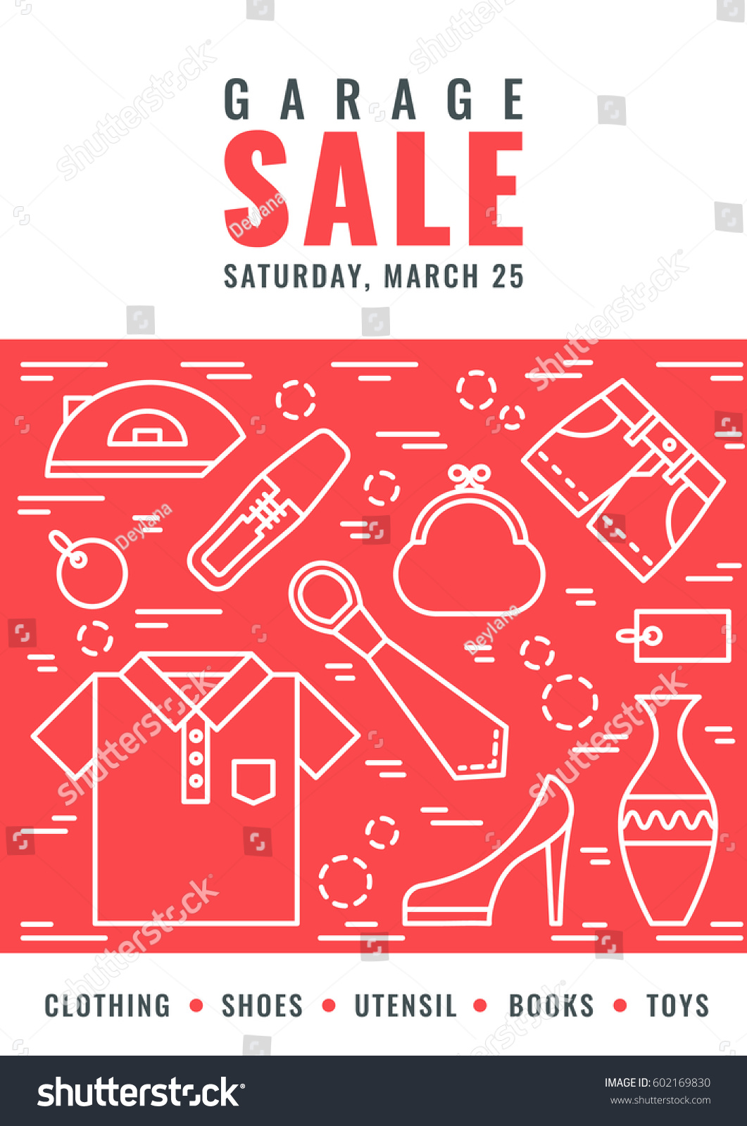 Garage sale flyer template. Vector line style illustration. #602169830
