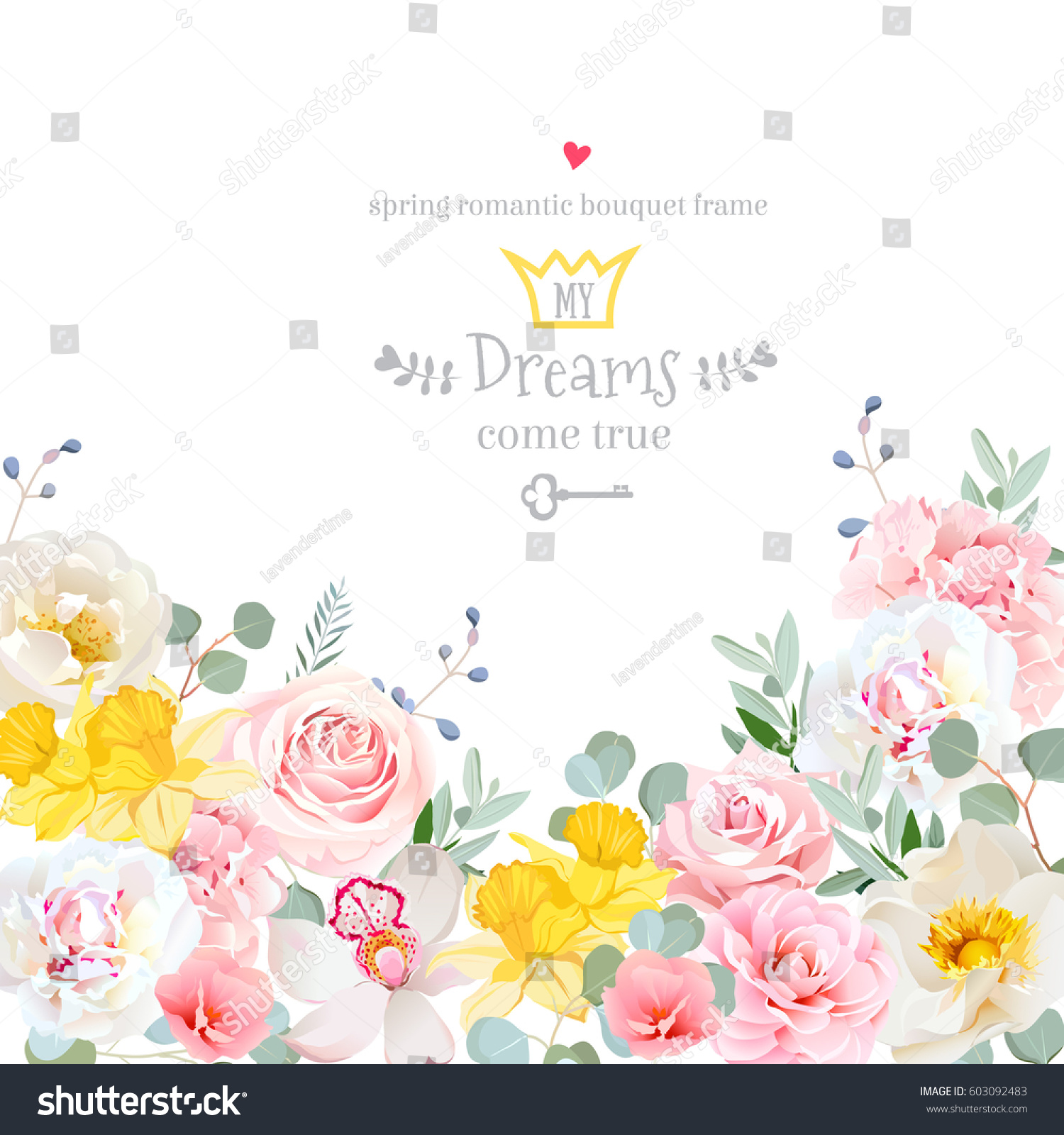 Spring hydrangea, rose, peony, orchid, daffodil, camellia vector design card. Botanical style frame with mixed flowers on white. Elegant floral background. All elements are isolated and editable #603092483