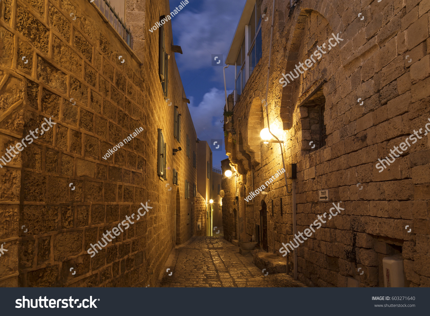 Medieval street at night in Jaffa, Tel Aviv, Israel #603271640