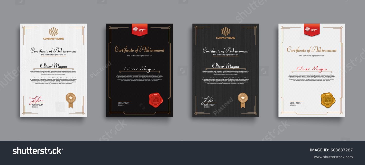 Achievement certificate design with badges and seals. Eps10 vector template. #603687287