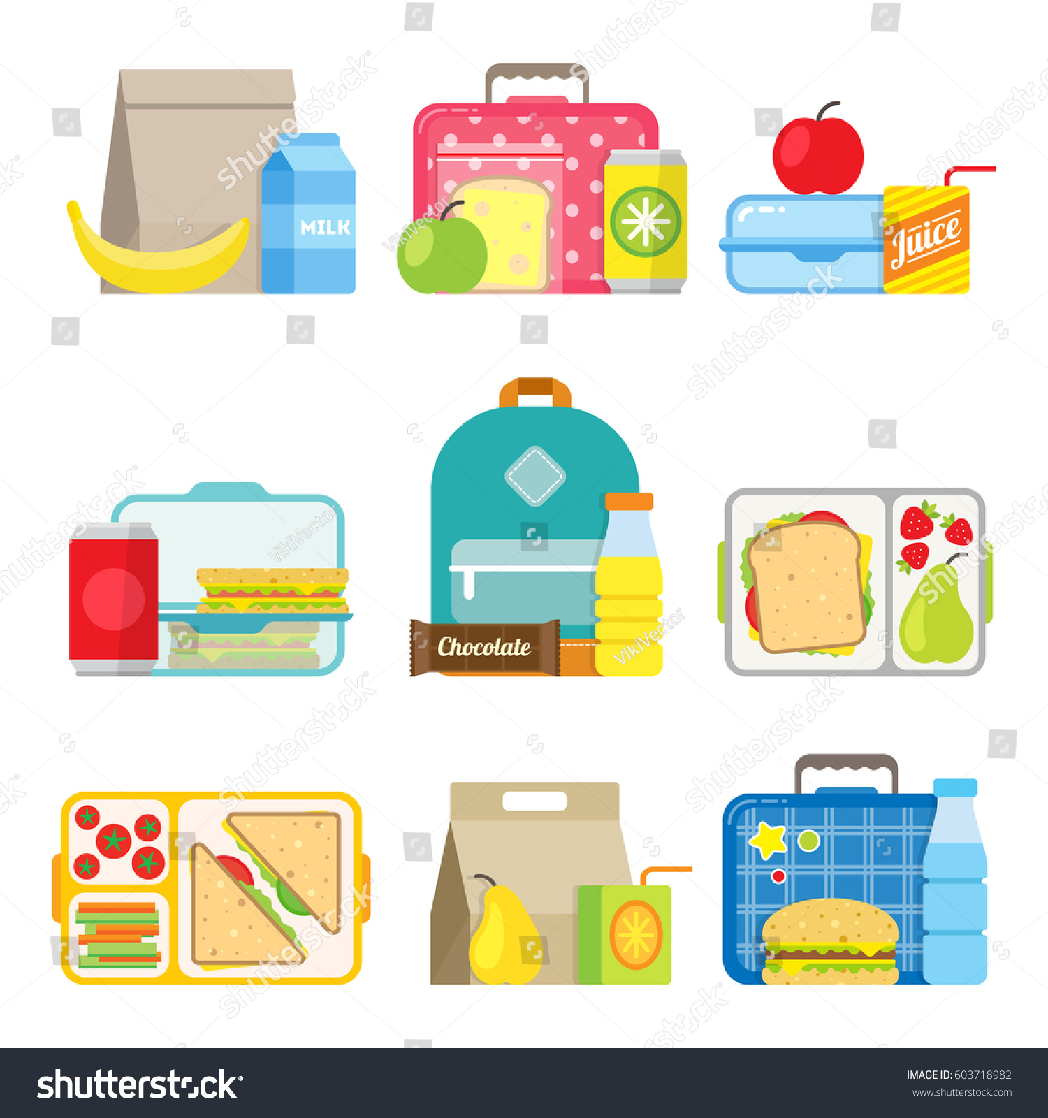School lunch boxes set. Children's lunch bags and trays with hamburgers, soda, fruts and other food. Kids school lunches icons in flat style.