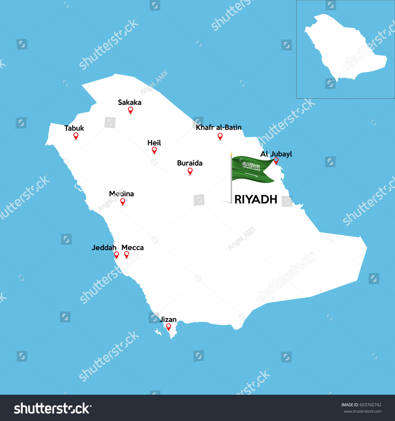 A detailed map of Saudi Arabia with indexes of - Royalty Free Stock ...