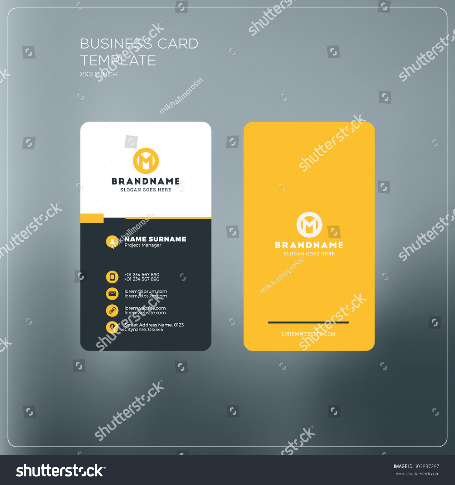 Vertical business card print template. Personal business card with company logo. Black and yellow colors. Clean flat design. Vector illustration. Business card mockup #603837287