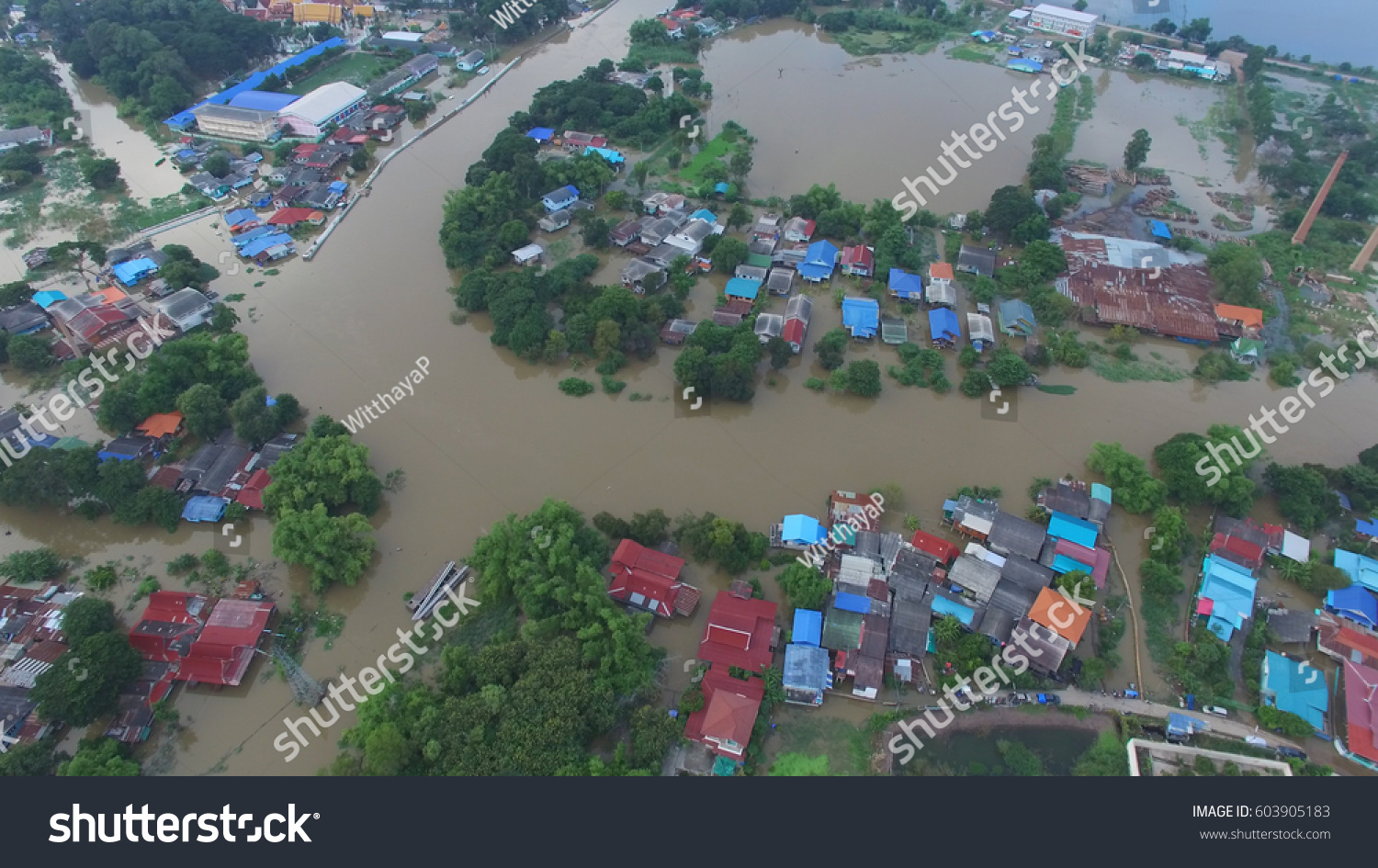 Aerial view of flood in Ayutthaya Province,Thailand. #603905183