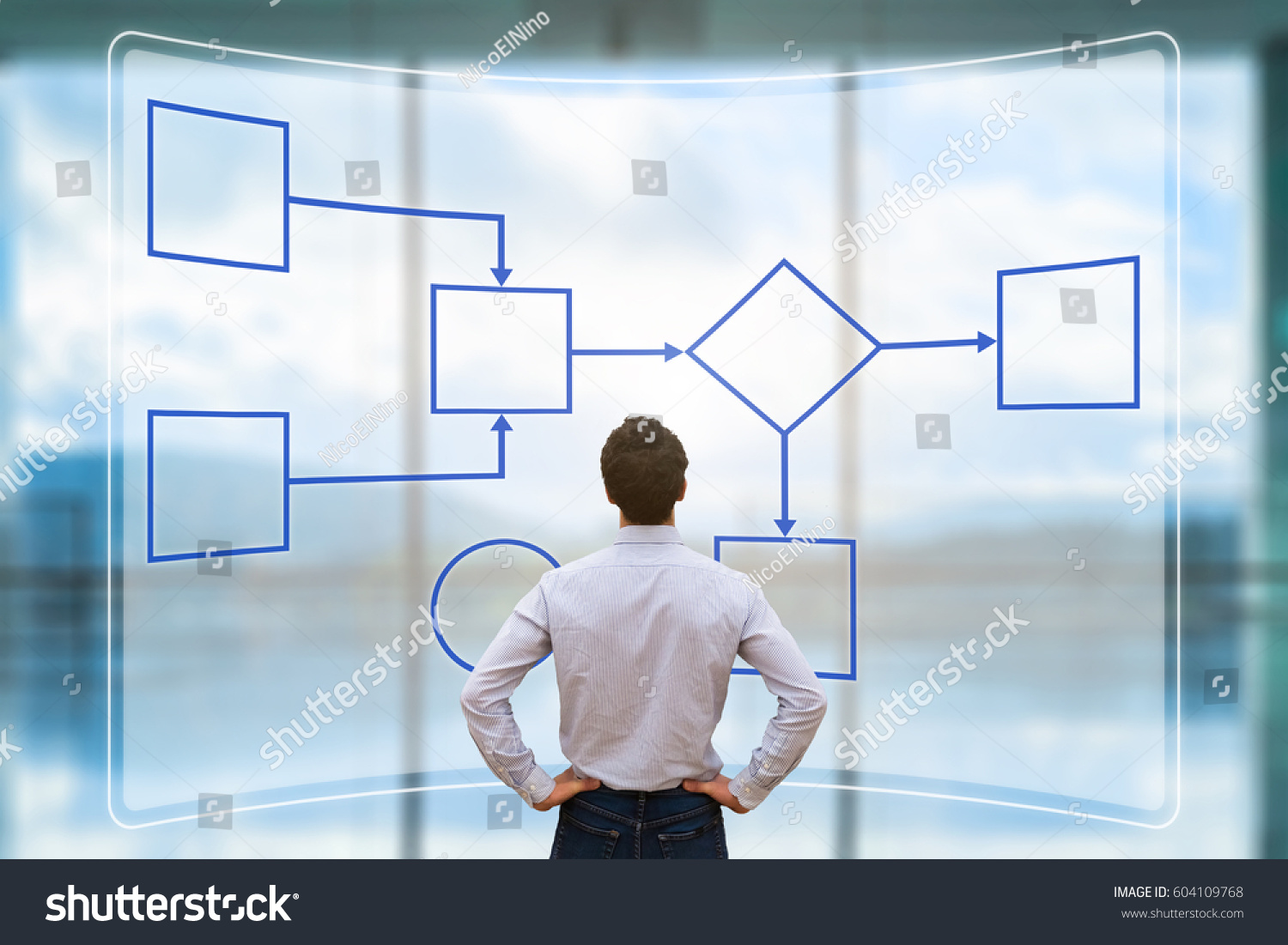 Business process management and automation concept with a workflow flowchart on a digital screen and a businessman #604109768