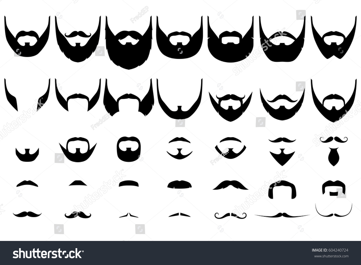 Set of isolated vector facial hair style. Beards and mustaches types. barber big collection. Silhouette vintage beard and mustache. Barber cartoon black beard label. Hipster style barber beard icon. #604240724