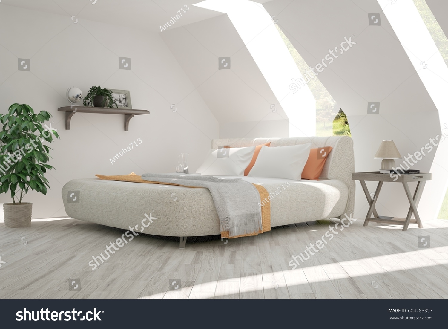White bedroom with green landscape in window. Scandinavian interior design. 3D illustration #604283357