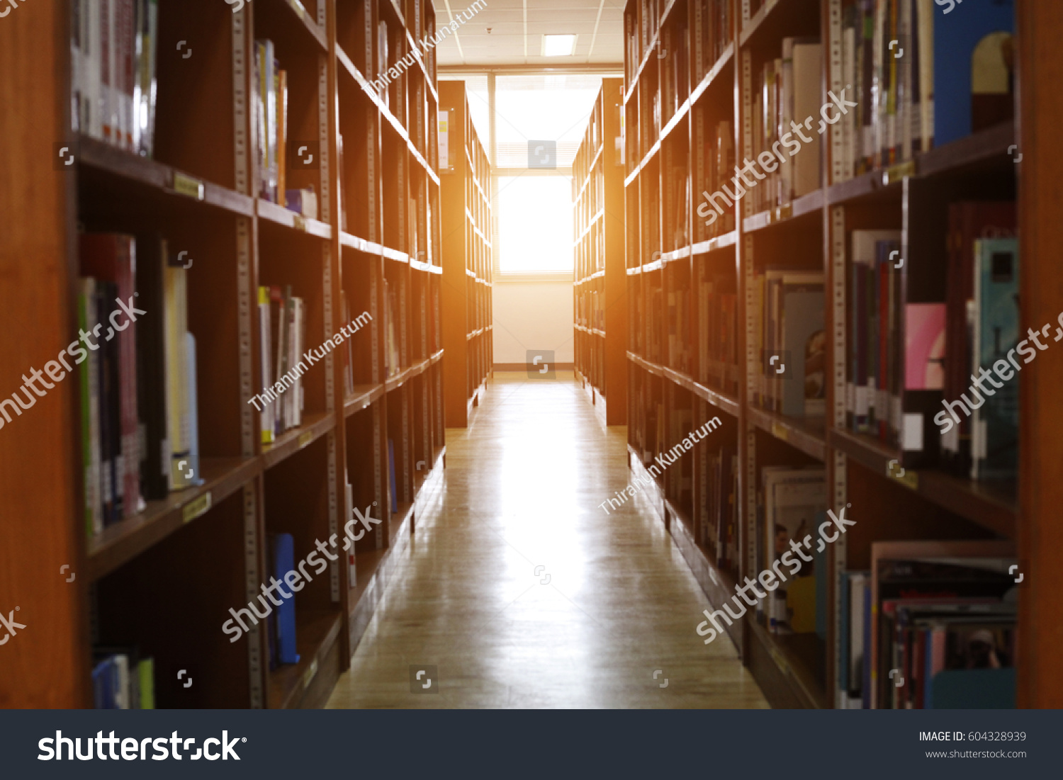 Blur image of picture library background. Library resources, including vast knowledge and sun light. School classroom in blur background. blurry view of elementary class room. #604328939