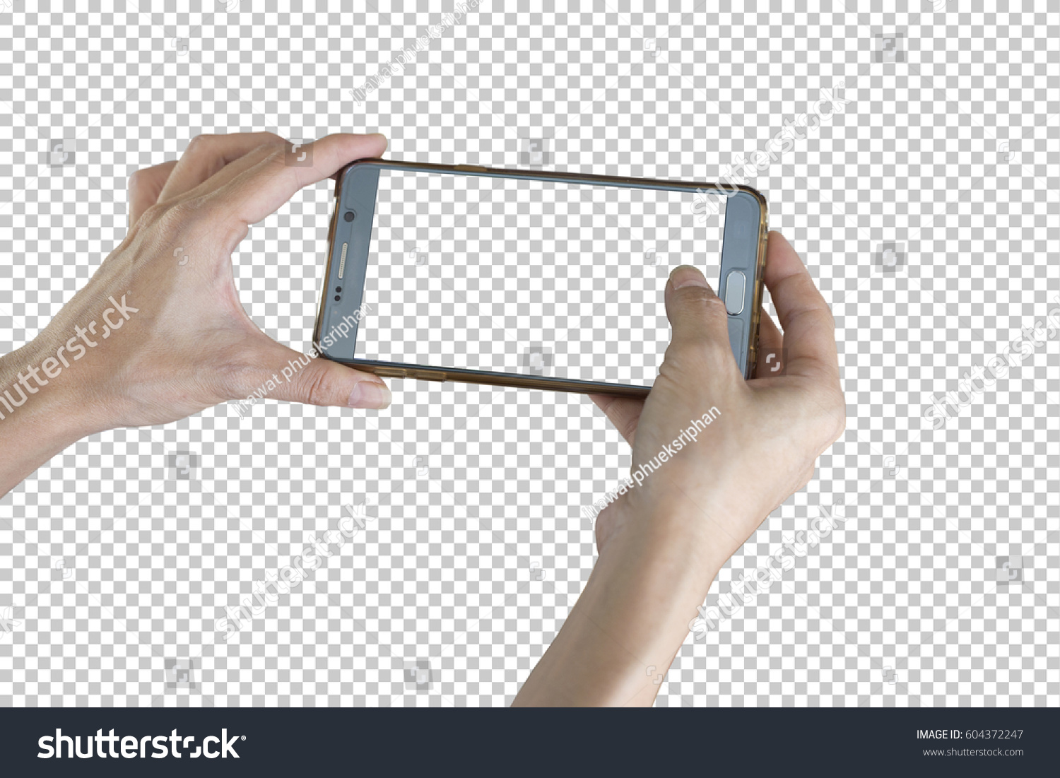 Taking photo with mobile smart phone isolated on transparent background with clipping path for the screen. #604372247